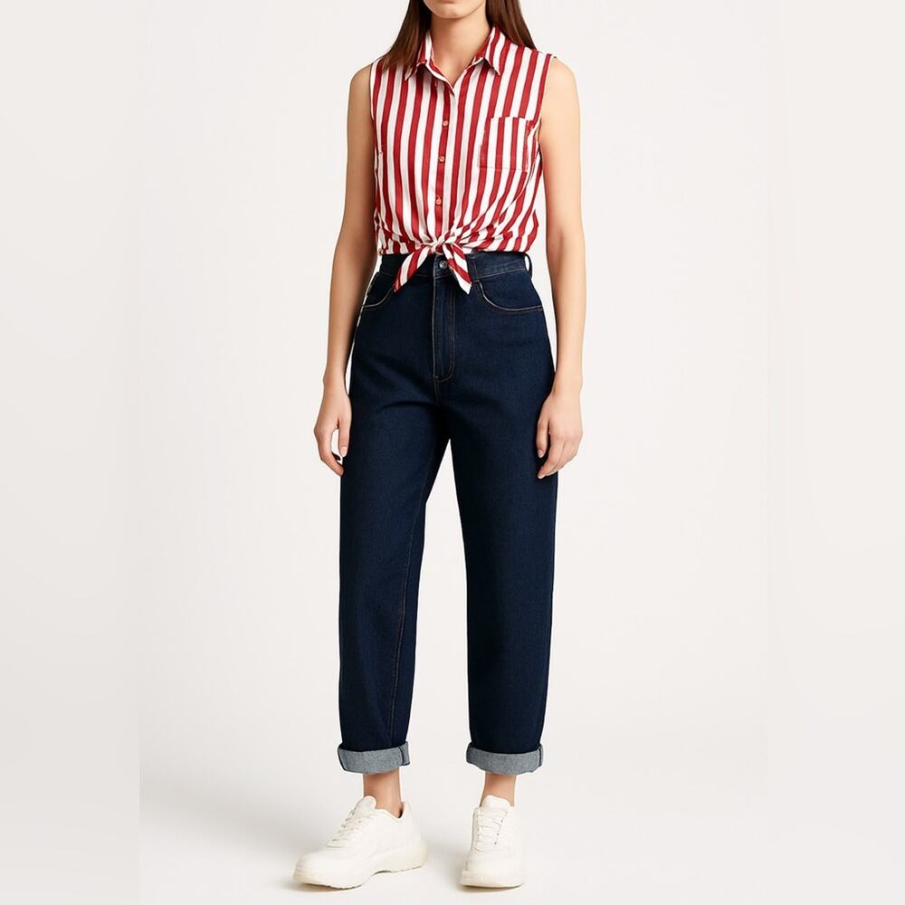 VINTAGE SIMPLY BASIC Sleeveless Stripe Button Down | XL | Red White | Americana